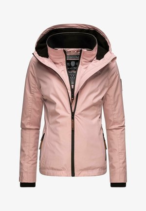 Chaqueta con capucha para mujer en color rosa claro, con forro negro, cremallera frontal y bolsillos laterales con cremallera, mostrada de frente sobre un fondo blanco.