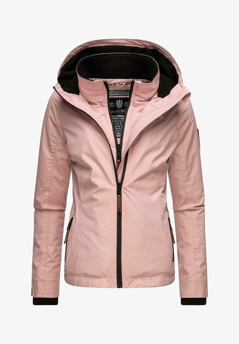 Veste à capuche pour femmes de couleur rose clair avec doublure noire, fermeture éclair frontale et poches latérales zippées, présentée de face sur un fond blanc.