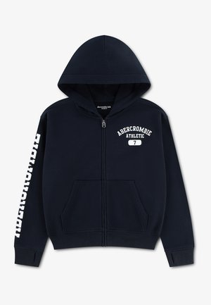 Sweat à capuche bleu marine zippé avec poches avant, texte blanc « Abercrombie Athletic 7 » sur la poitrine et texte « Abercrombie » sur la manche gauche.