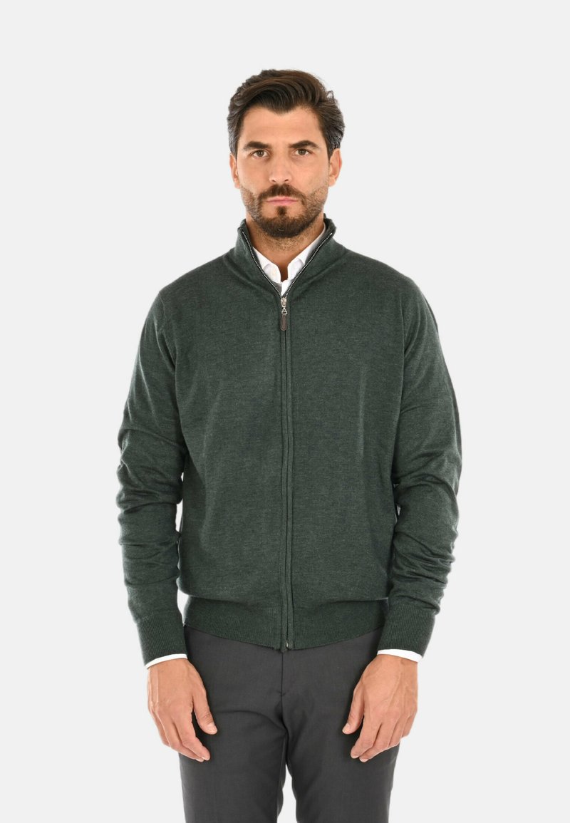 Maglione verde con zip realizzato in morbido materiale a maglia, dotato di un alto collo e polsini a coste. Indossato sopra una camicia bianca e pantaloni grigi.