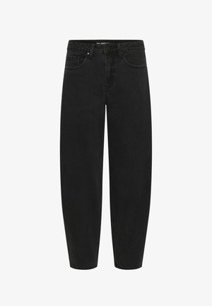 Black denim jeans with a high waist, five pockets, belt loops, and a button and zip fly closure.