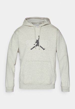 Light gray hoodie made of soft material, featuring a front pocket and drawstring hood. Black graphic of a leaping figure on the chest.