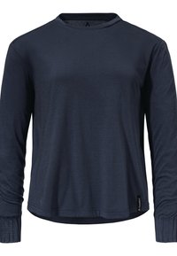 Navyblaues Langarmshirt aus weichem Stoff mit Rundhalsausschnitt, gerippten Bündchen und einem Logotag am Saum. Schlichte, glatte Textur.