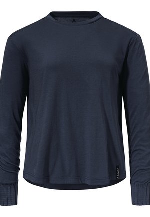 Navyblaues Langarmshirt aus weichem Stoff mit Rundhalsausschnitt, gerippten Bündchen und einem Logotag am Saum. Schlichte, glatte Textur.
