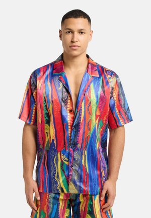 Short-sleeve shirt featuring vibrant patterns in red, blue, green, and yellow with a glossy finish and open collar design.
