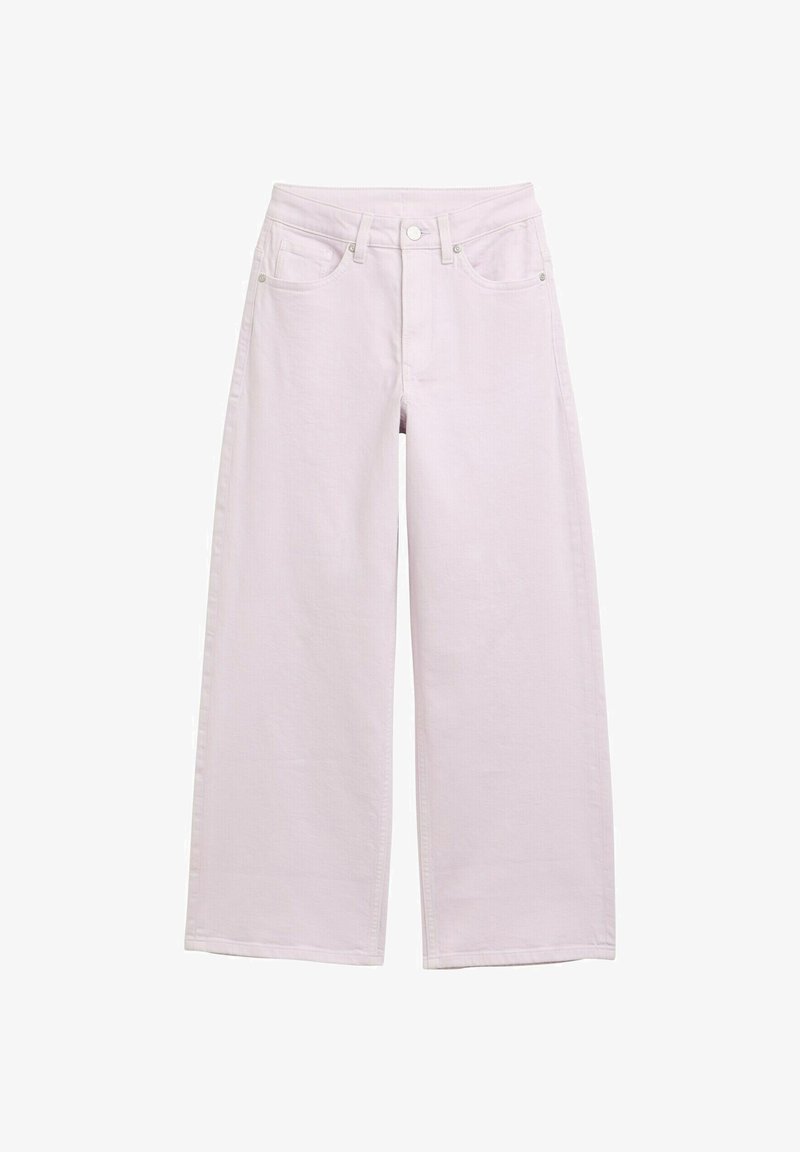 Jeans a gamba larga rosa chiaro con vita alta, cinque tasche, chiusura frontale con bottone e cuciture a contrasto. Tessuto in cotone morbido e resistente.