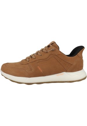 Brown leather sneaker with tan laces, white cushioned sole, and black padded heel collar, viewed from the outer side.