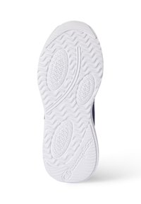 Suela de zapato de goma blanca con agarres texturizados, un patrón de banda de rodadura ondulado, almohadillas elevadas de forma ovalada y un logo cerca de la zona del talón.