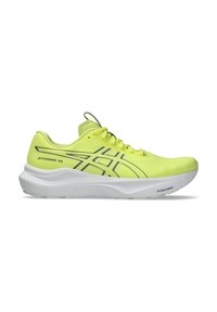 Neon yellow running shoe with a textured upper, reflective accents, and cushioned white sole. Features round laces and logo detailing.