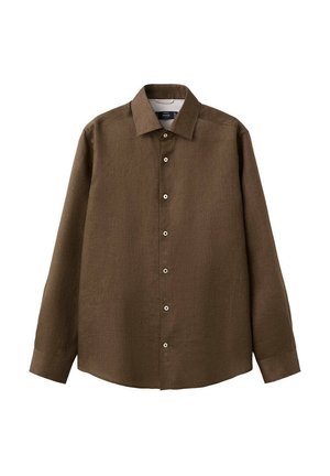 Camicia marrone a maniche lunghe con bottoni, colletto a punta e bottoni bianchi sul davanti, mostrata su sfondo bianco.