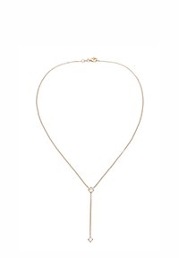 Collier en or avec une chaîne délicate, comportant deux pierres rondes et un pendentif en goutte avec un accent en forme de diamant à l'extrémité.