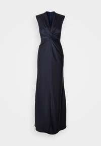 Sinsitön tummansininen iltapuku sileästä kankaasta, jossa on kiertävä vartalokappale ja sivuhalkio, lattiapituinen malli ja korkea kaula-aukko.