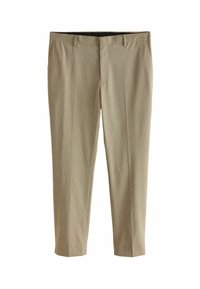 Beige Stoffhose aus strukturiertem Gewebe, mit geradem Bein, Fronttaschen und einem Reißverschluss mit Knopfverschluss.
