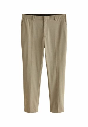 Beige Stoffhose aus strukturiertem Gewebe, mit geradem Bein, Fronttaschen und einem Reißverschluss mit Knopfverschluss.