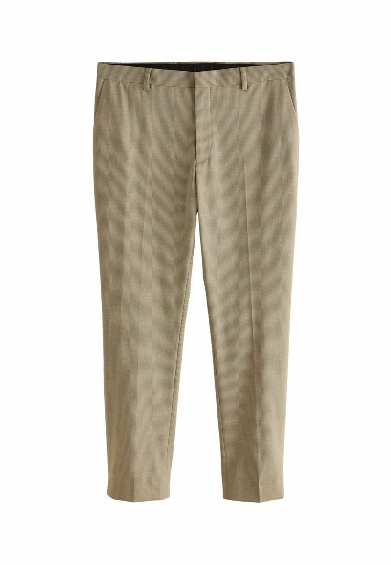 Beige Stoffhose aus strukturiertem Gewebe, mit geradem Bein, Fronttaschen und einem Reißverschluss mit Knopfverschluss.