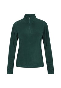 Pull en fleece vert avec un col haut et une fermeture éclair mi-longue. Manches longues et texture douce, finition lisse sans motifs.