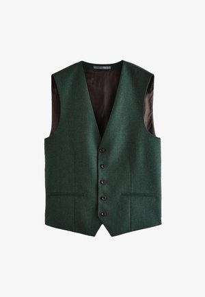 Gilet formel vert foncé avec cinq boutons noirs, deux poches avant et une doublure intérieure noire, présenté à plat sur fond blanc.
