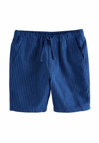 Shorts bleu marine à rayures blanches verticales, fabriqués en tissu léger, avec une taille élastique et un cordon de serrage, ainsi que deux poches latérales.