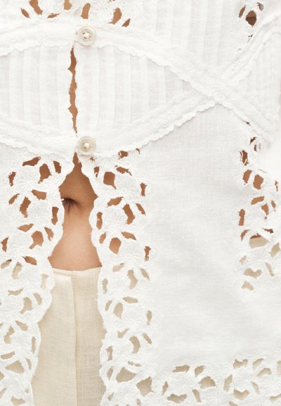 Κοντινό πλάνο λευκού ενδύματος με δαντέλα και κουμπιά με πέρλες πάνω από τη μέση, που δείχνει απαλές ανθισμένες λεπτομέρειες και υφή υφάσματος.