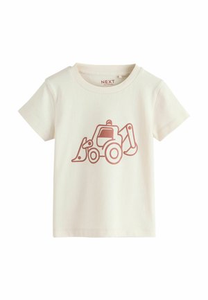 Kremowy t-shirt z krótkim rękawem wykonany z bawełny, z nadrukiem czerwonego koparki z przodu. Okrągły dekolt i prosty doł.
