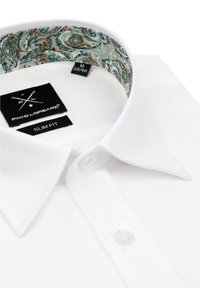 Biała koszula slim-fit z wzorzystym wykończeniem kołnierzyka w kolorze turkusowym i brązowym. Posiada naszywkę z logo oraz zapięcie na guziki przy kołnierzu. Rozmiar M.