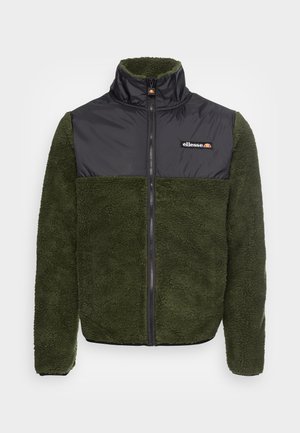 Veste polaire verte avec un panneau en nylon noir sur la poitrine, fermeture éclair intégrale à l'avant, col montant et petit logo ellesse sur la poitrine.