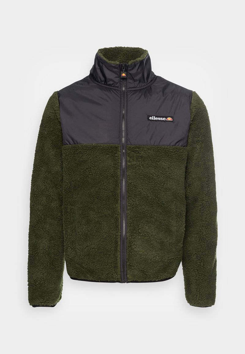 Veste polaire verte avec un panneau en nylon noir sur la poitrine, fermeture éclair intégrale à l'avant, col montant et petit logo ellesse sur la poitrine.