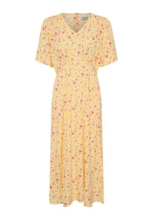 Gul midi-kjole med pink blomsterprint, V-hals, korte flæseærmer og tætsiddende talje.