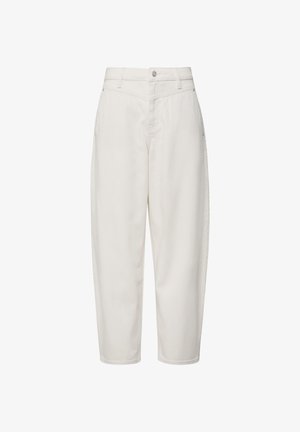 Crèmekleurige broek met hoge taille, voorzien van een knoop- en ritssluiting, taps toelopende pijpen en zijzakken.