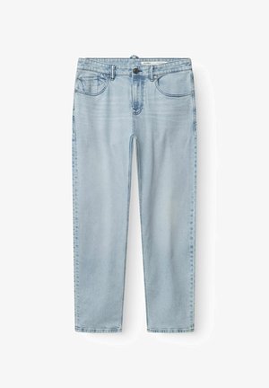 Modre kavbojke ravnega kroja z žepi spredaj in zadaj, z zankami za pas in gumbom za zapenjanje v pasu.