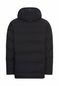 Zwarte pufferjack met capuchon, voorzien van een horizontaal gestikt patroon, een gladde textuur en geen zichtbare hardware of accenten aan de achterkant.