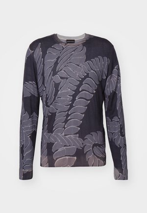 Long-sleeve sweater in dark navy with a textured leaf pattern in muted gray. Features a round neckline and ribbed cuffs. Soft fabric.