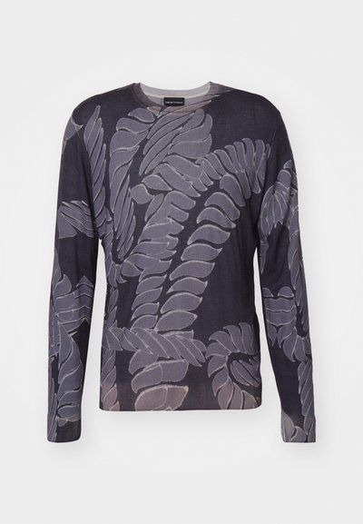 Långärmad tröja i mörk marin med ett texturerat bladmönster i dämpat grått. Har rund halsringning och ribbade manschetter. Mjuk tyg.