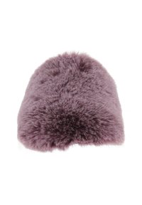 Sombrero de piel sintética en un color lavanda suave, de forma redondeada, con una textura densa y esponjosa, forrado por dentro de manera suave y sin herrajes visibles.
