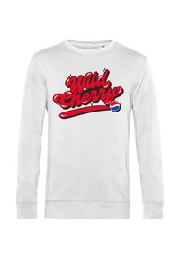 Felpa bianca a maniche lunghe con testo "Wild Cherry" in rosso audace, carattere arrotondato, e logo Pepsi con dettagli in blu e rosso.