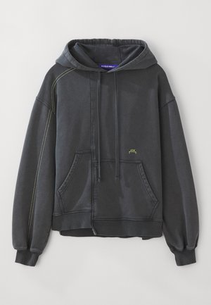 Donkergrijze hoodie van een katoenmix, met een voorzak, trekkoorden, ribgebreide mouwen en contrasterende gele stiksels.