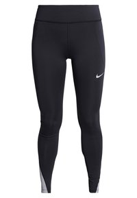 Zwarte sportlegging met hoge tailleband, Nike-logo op de rechterdij en contrasterend grijzende strook op de binnenste onderbenen.