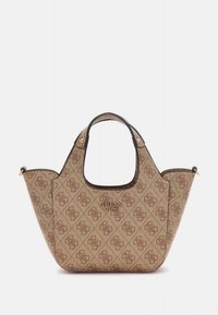 Geantă de designer cu exterior din pânză bej cu model, accente din metal auriu și formă structurată de tote. Dispune de două mânere scurte.