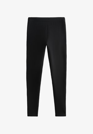 Svart leggings tillverkade av elastiskt tyg, med en åtsittande design utan synliga sömmar eller fickor, lämpliga för olika aktiviteter.