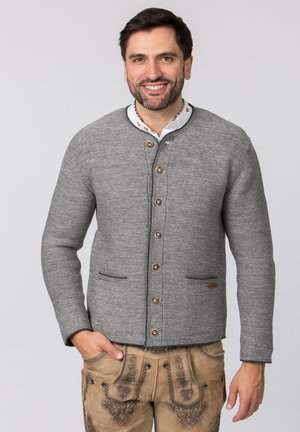 Mann lächelt, trägt graue, geknöpfte Strickjacke und traditionelle beigefarbene, lederne, bestickte Lederhosen, Hände entspannt an den Seiten.