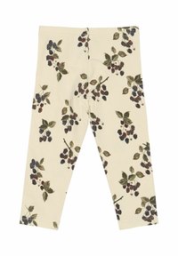 Creme leggings med et overalt brombær- og bladmønster i mørkegrønne og sorte nuancer; strækbart bommateriale med elastisk talje.