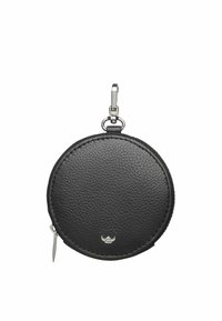 Porte-monnaie rond en cuir noir avec surface texturée, matériel en argent et fermeture éclair. Équipé d'un anneau pour porte-clés pour plus de commodité.