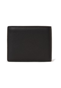 Portafoglio in pelle nera con una texture liscia, forma rettangolare e angoli arrotondati. Presenta cuciture visibili lungo i bordi.