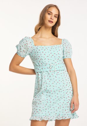 Mintgrøn kjole med korte puffede ærmer, firkantet halsudskæring og bælte. Har et blomsterprint med røde blomster og en flæseved.