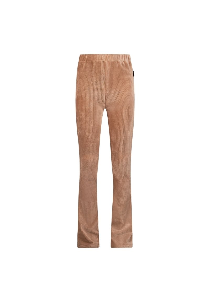 Pantalones de corduroy de color marrón claro, con un cómodo cinturón elástico. El diseño presenta piernas rectas y una textura suave.