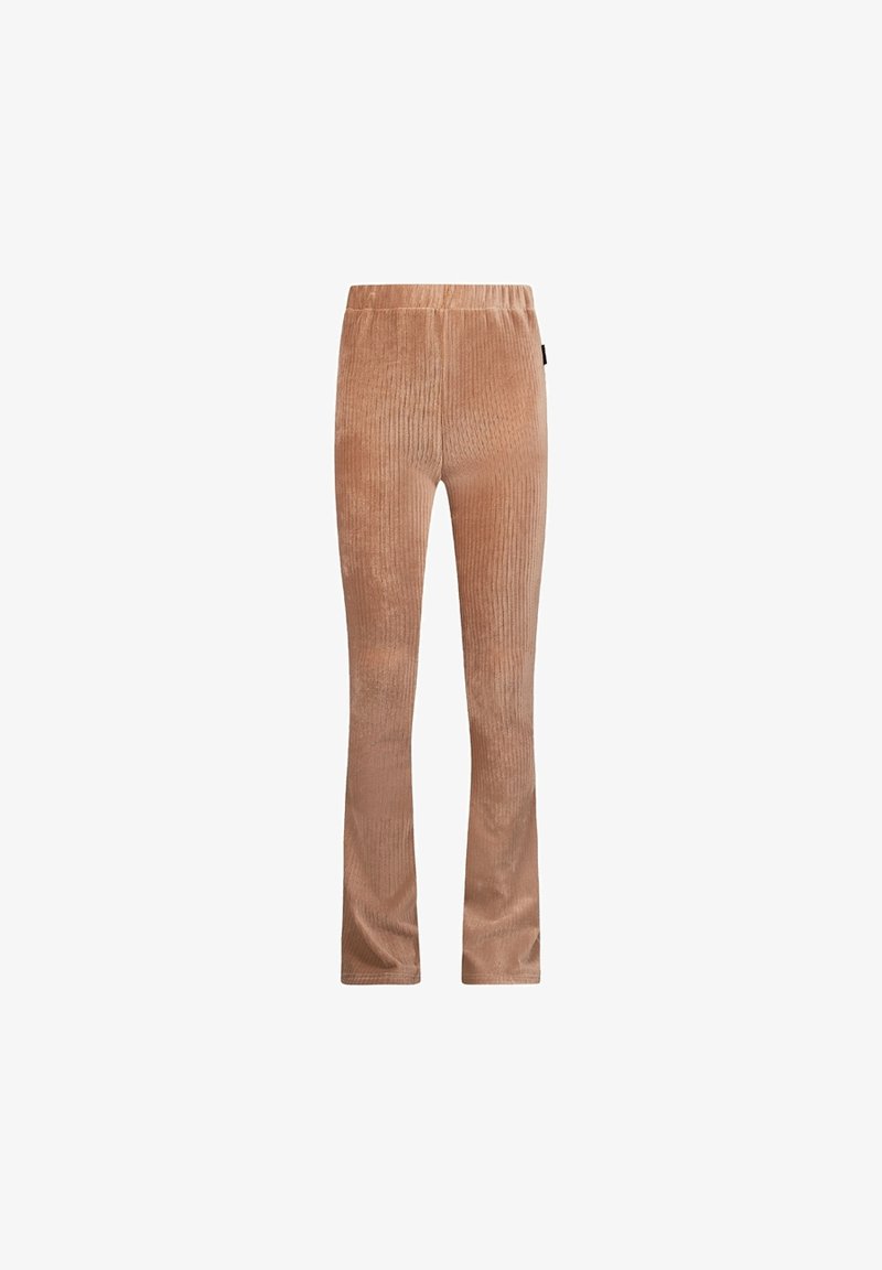 Pantalones de corduroy de color marrón claro, con un cómodo cinturón elástico. El diseño presenta piernas rectas y una textura suave.