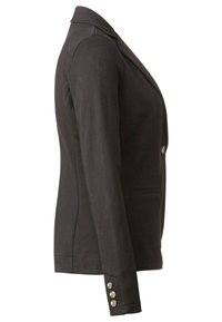 Blazer noir en tissu lisse, avec un col cranté, une fermeture à un bouton et trois boutons décoratifs sur les poignets.