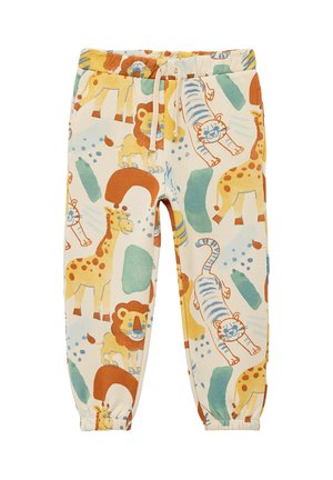 Lapsille tarkoitetut vaaleanbeige jogger-housut, joissa on värikkäitä sarjakuvatiikereitä, leijonia ja giraffeja. Housuissa on joustava vyötärö ja hihansuut, sekä naru.