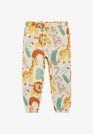 Kinderen beige joggerbroek met kleurrijke cartoonleeuwen, -giraffen en -tigertjes, met een elastische tailleband en boorden en een trekkoord.