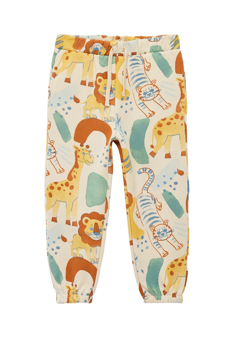 Børns beige joggerbukser med farverige tegneserie-løver, giraffer og tigre, med elastisk talje og manchetter samt snor.